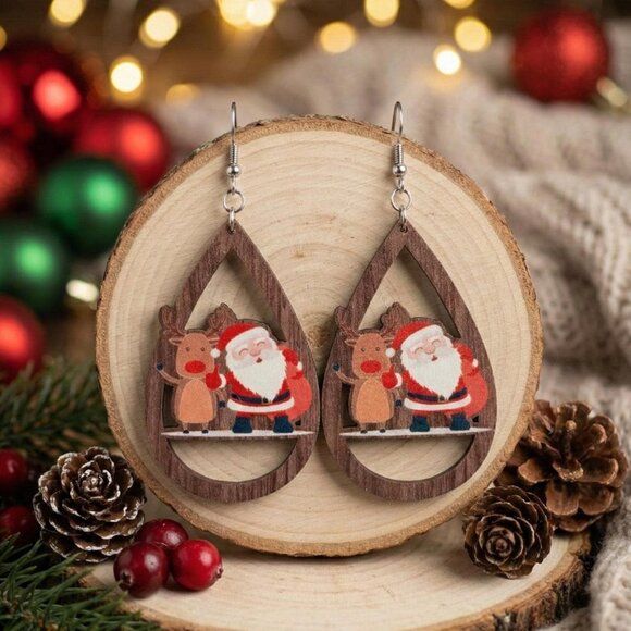 Santa Claus and Rudolph Earrings: Lightweight Wooden Teardrop Christmas Dangles - Picture 1 of 4